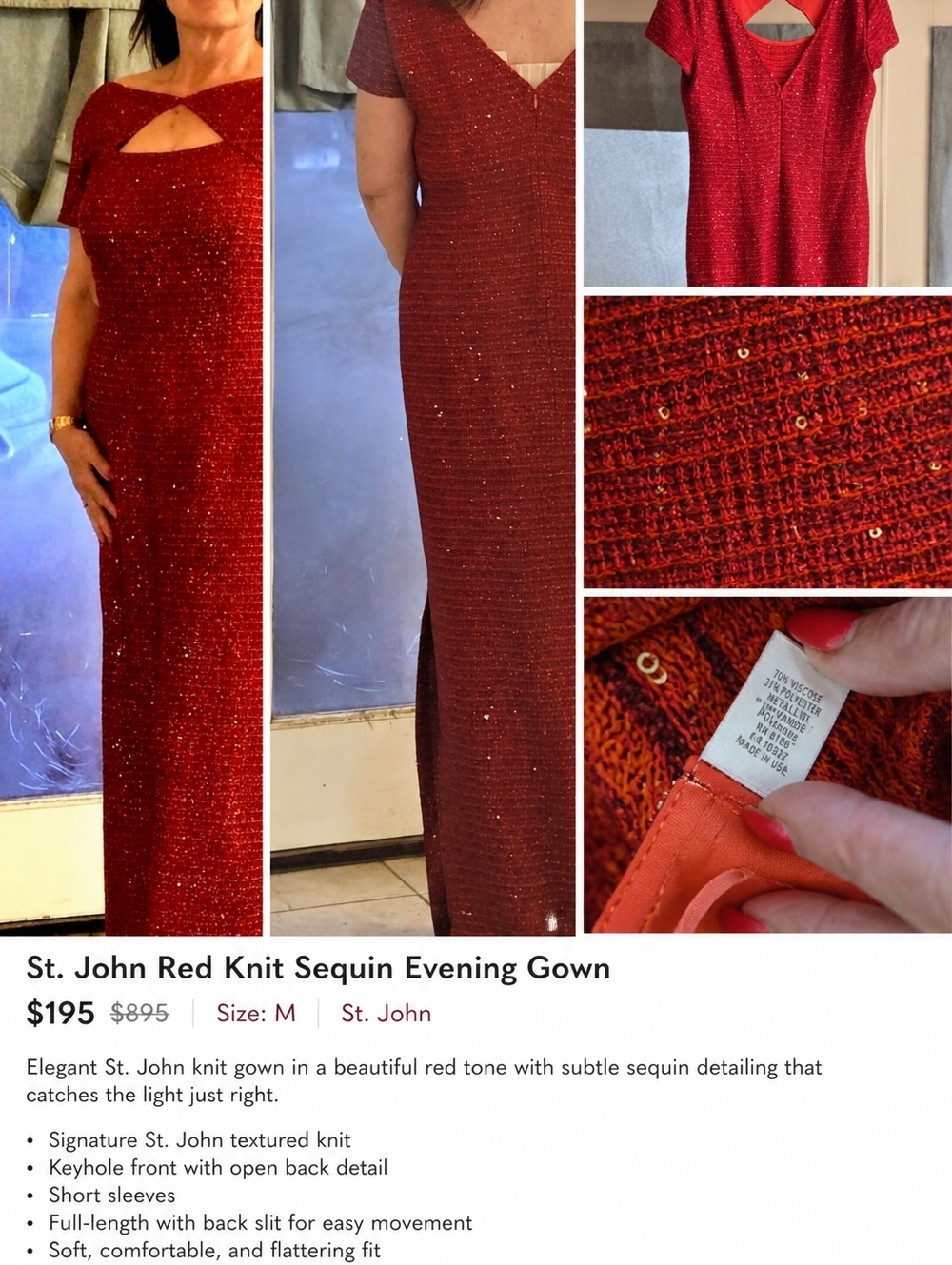 St. John Red Knit Sequin Elegant Gown